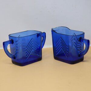 Vintage Cobalt Blue Glass‎ Creamer & Sugar Set With Chevron Pattern
